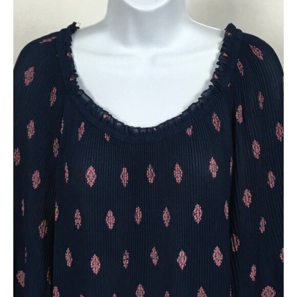 Catherines Petite Womens Top Size 2XWP Navy Blue Red Boho Print Bell Sleeve - Picture 2 of 14